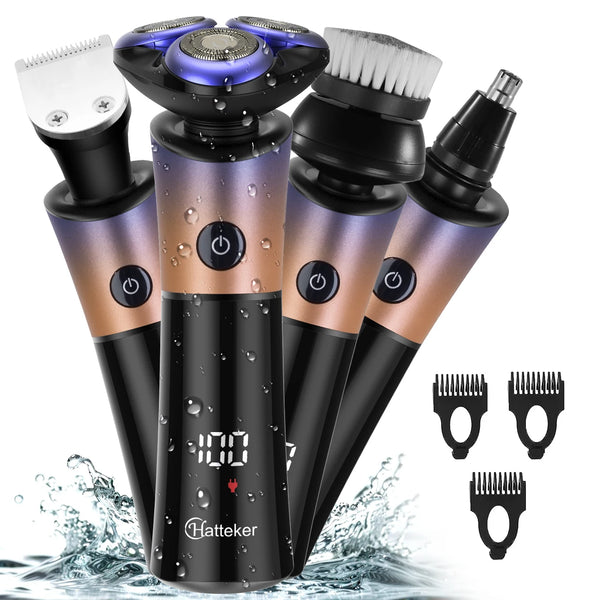 Hatteker Electric Shaver Mens Floating Rotary Blades Waterproof Rechargeable Professional 4 in 1 Facial Care Shaver