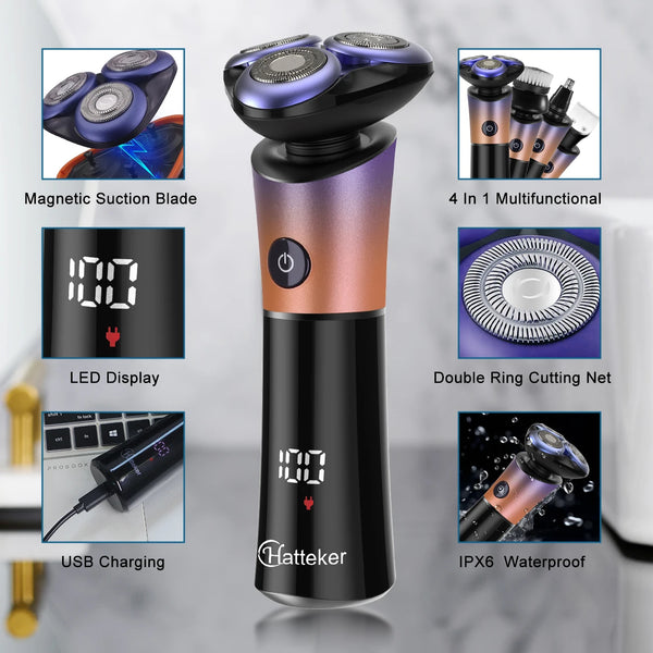 Hatteker Electric Shaver Mens Floating Rotary Blades Waterproof Rechargeable Professional 4 in 1 Facial Care Shaver