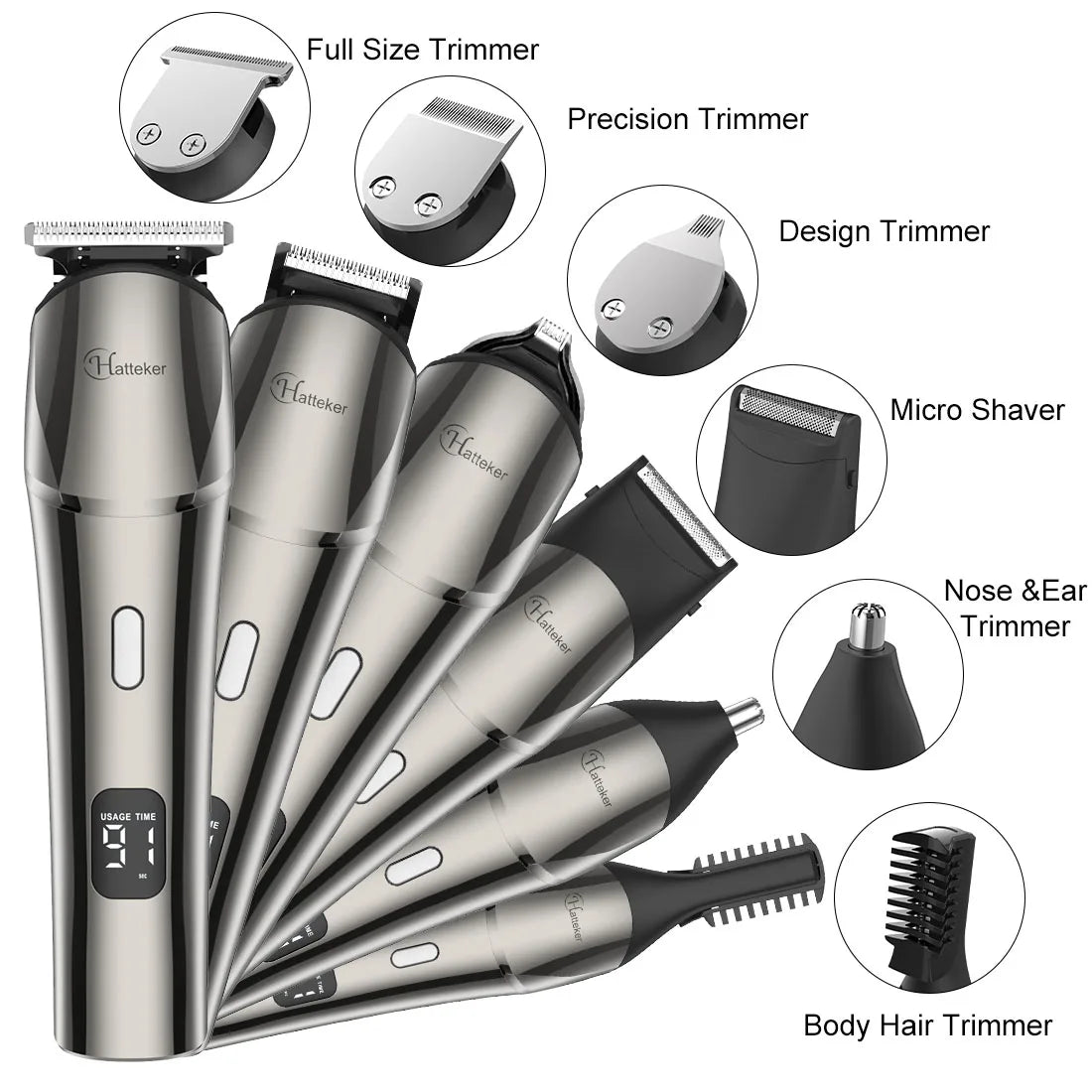 HATTEKER 6 in1 multifunction hair trimmer rechargeable wireless electric baber haircut